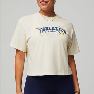 **NWT** Fabletics 100% Cotton Boxy Tee in Cream Froth w/Graphic